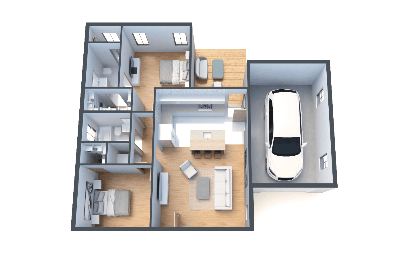 3D model of a functional two-bedroom house showcasing a well-organized open floor plan, fully furnished interiors, and an attached garage.