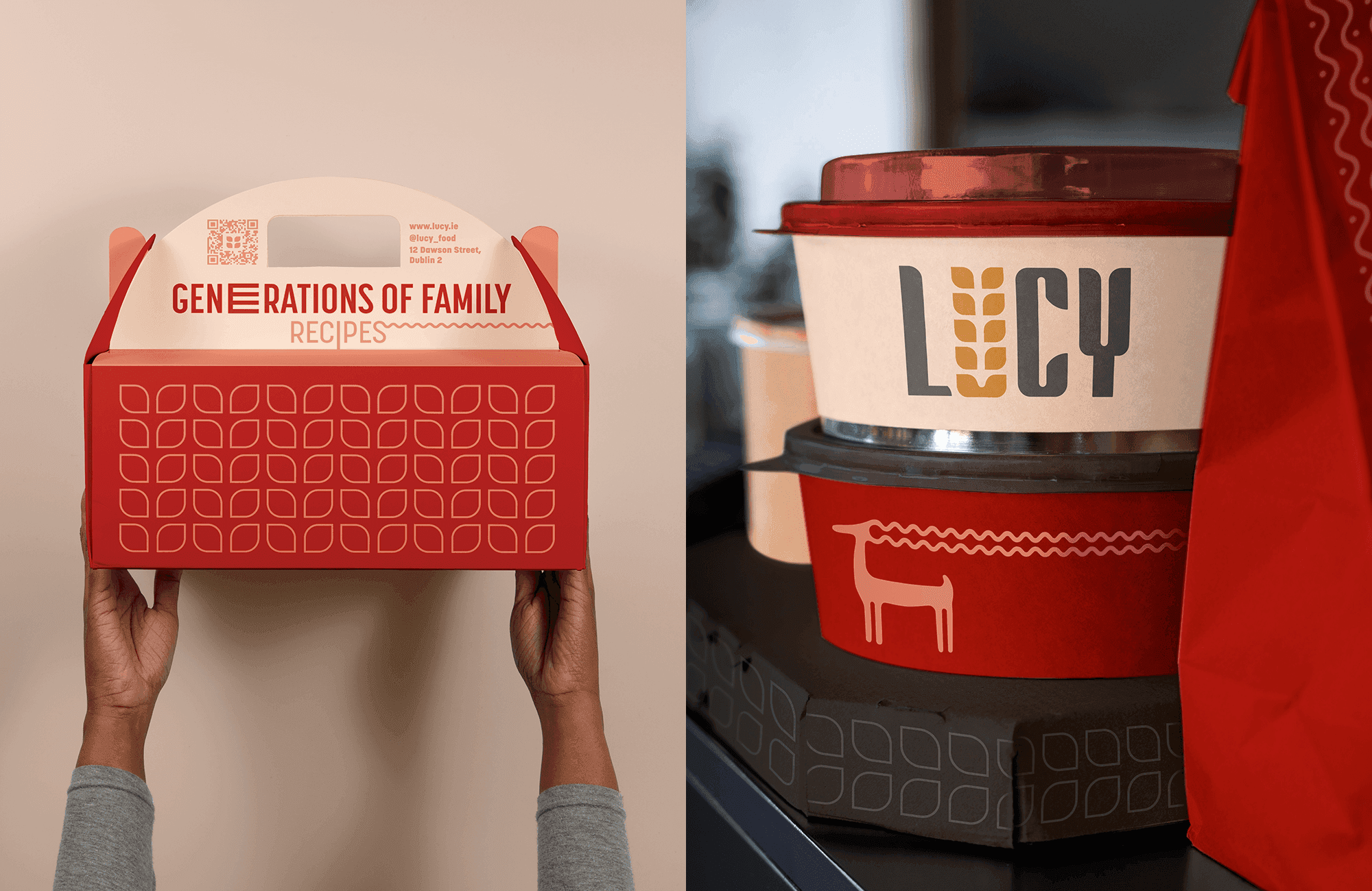 Takeaway box reading 'Generations of family recipes' and stacked Lucy-branded food containers