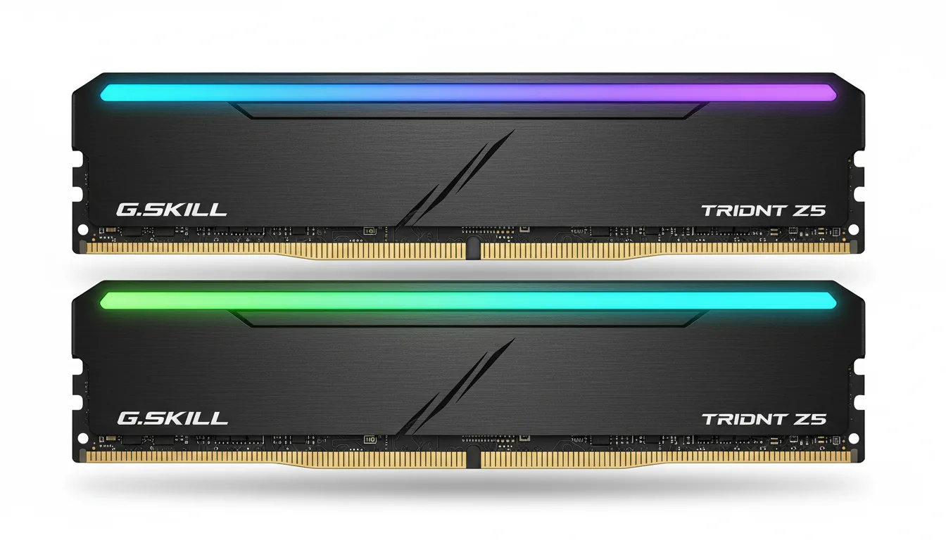 Studio product photography of two G.Skill Trident Z5 RGB DDR5 RAM sticks, isolated on a clean white background. The RAM modules are arranged one above the other, shot in a direct side profile. They feature a sleek, black brushed aluminum heat spreader. Soft studio lighting creates a professional, commercial look. The top of each stick has a vibrant, glowing RGB light bar; the top module glows with a blue and purple gradient, and the bottom module glows with a green and cyan gradient. The gold-plated pins on the DIMM connector are in sharp focus.