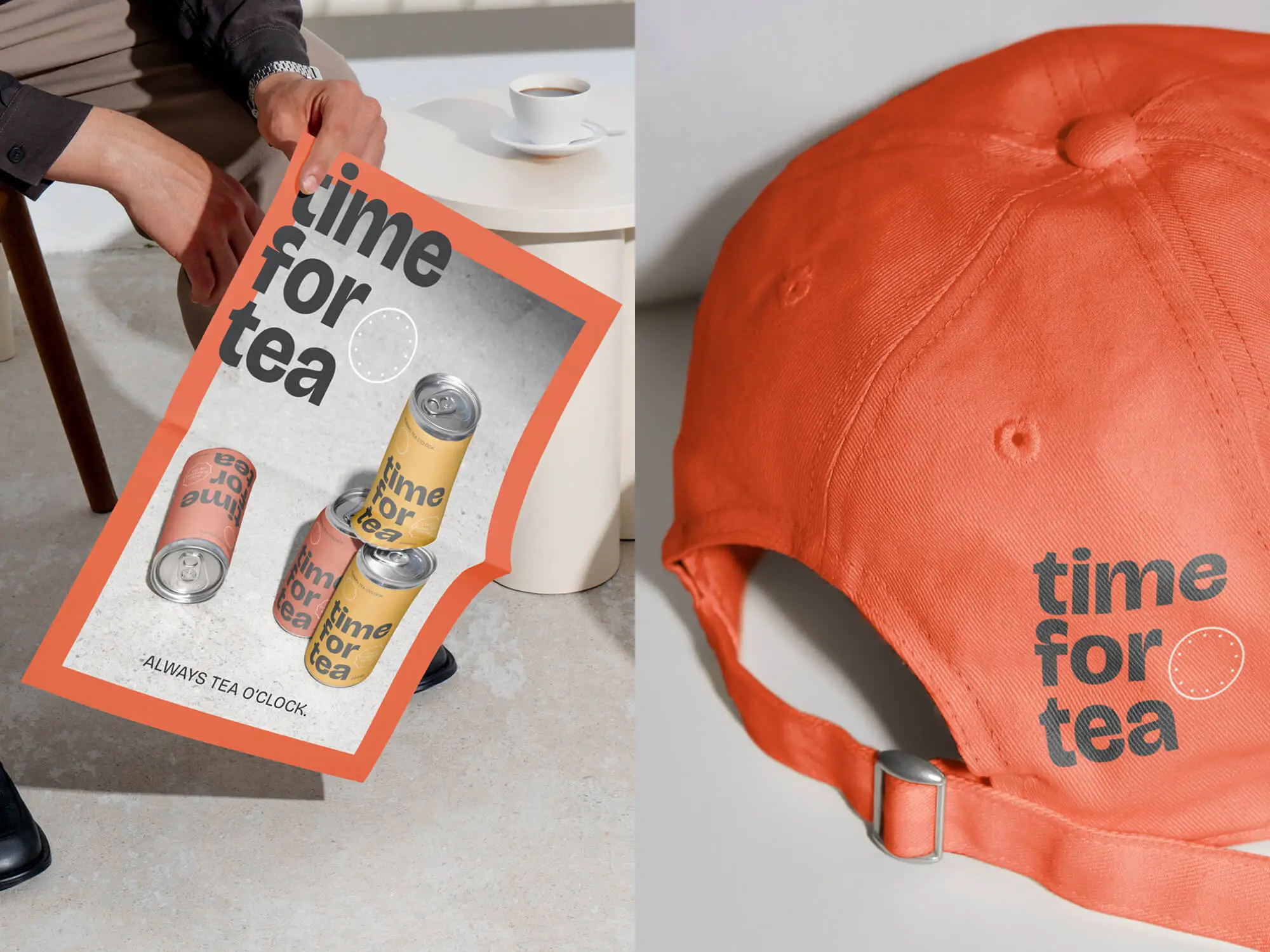 Tidning med en Time for Tea-reklamkampanj tillsammans med en keps med varumärkets logotyp, som visar den visuella identiteten.