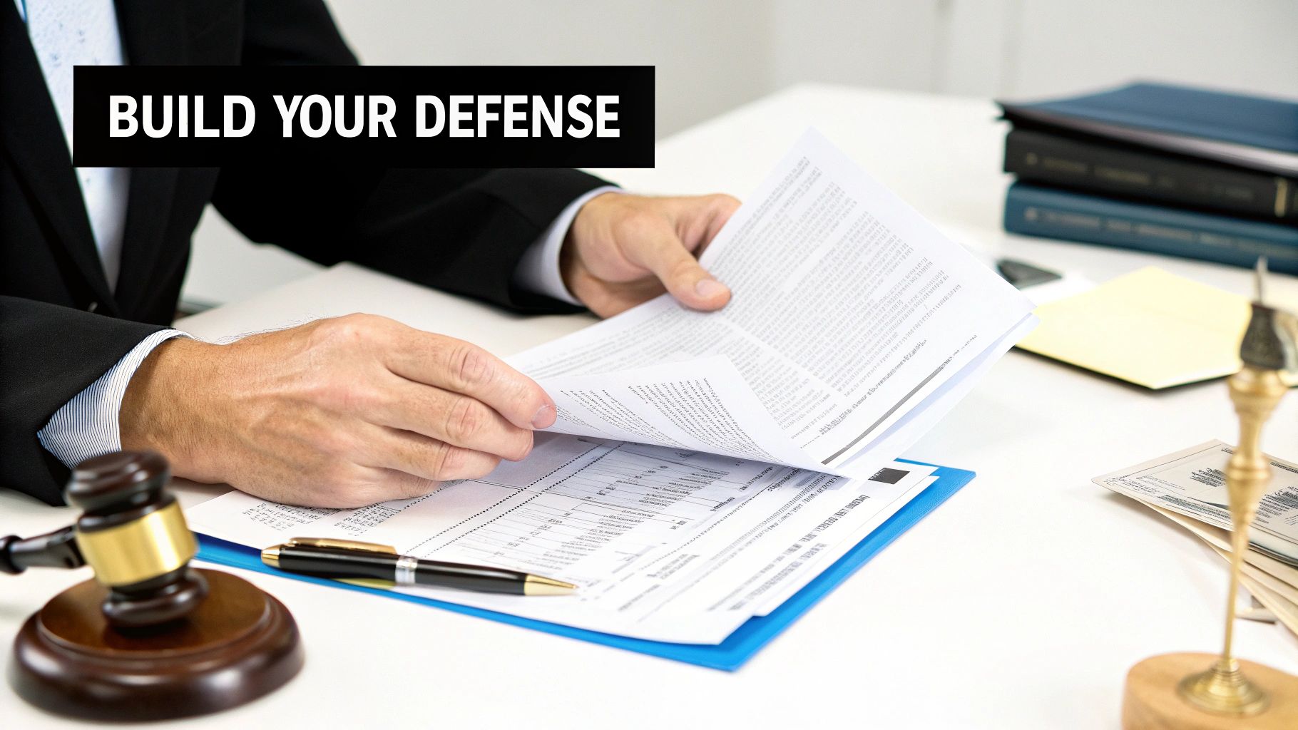 An attorney and client sit at a table, discussing legal strategy with documents spread out before them.