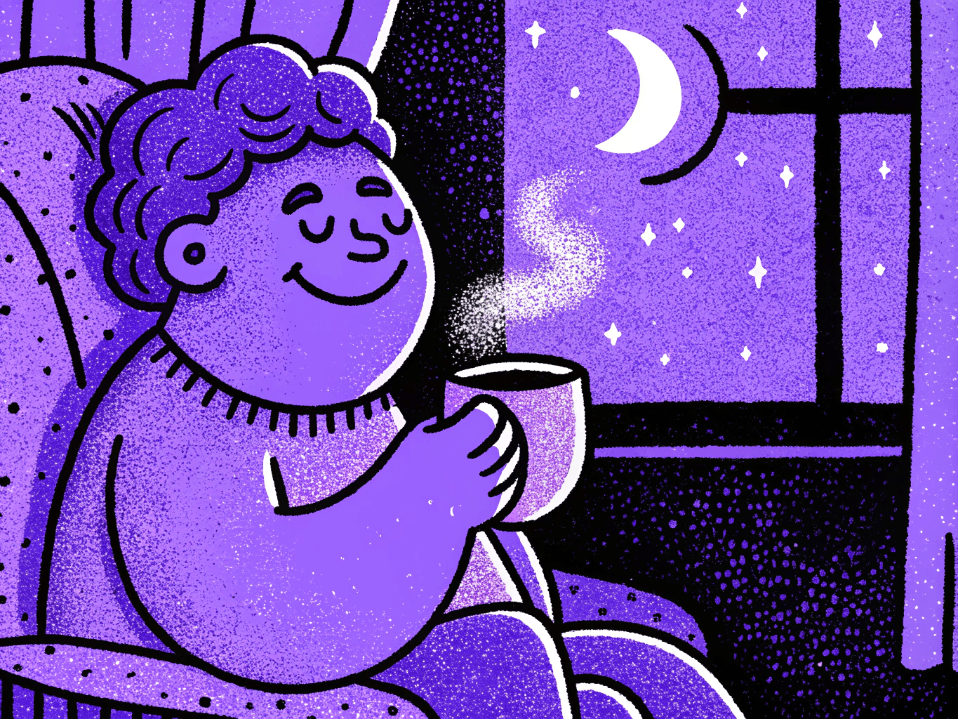 A cartoon-style illustration with a dreamy, artistic feel. It features a content, smiling character with a relaxed pose, holding a cup of a substance emitting a gentle mist-like substance. The character is snug in a cozy chair, and the setting is a serene nighttime ambiance with a crescent moon and a window showing a dark sky filled with numerous small, detailed stars. The color palette is primarily shades of purple.