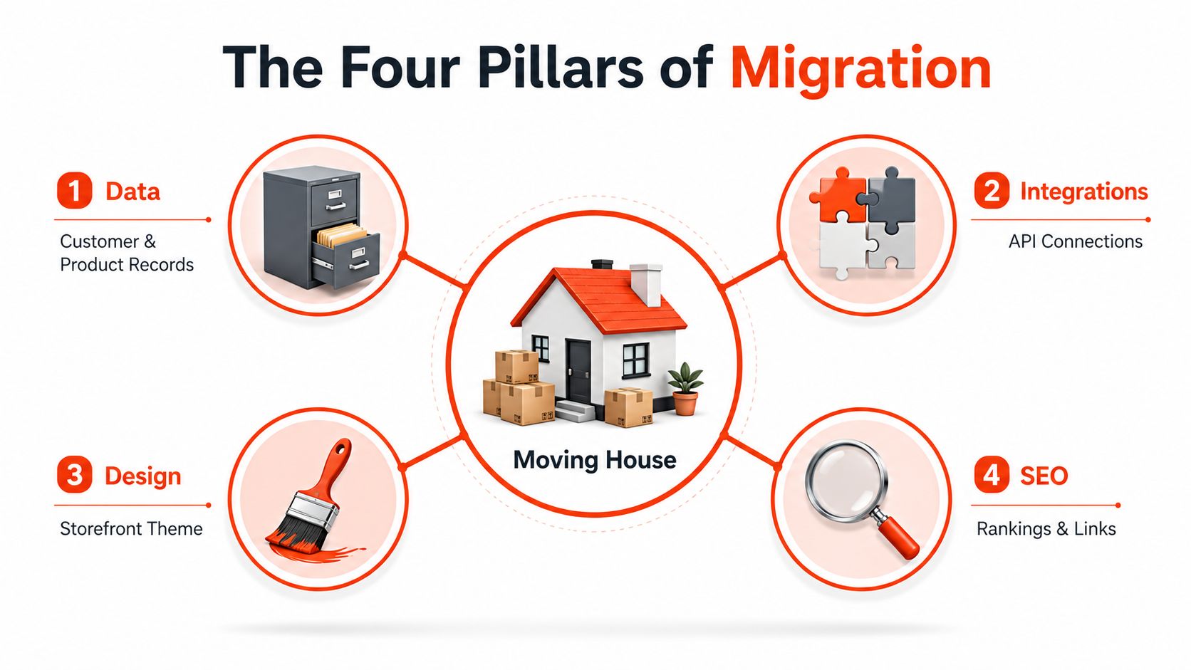 An infographic titled The Four Pillars of Migration illustrating four key areas for ecommerce platform migration.