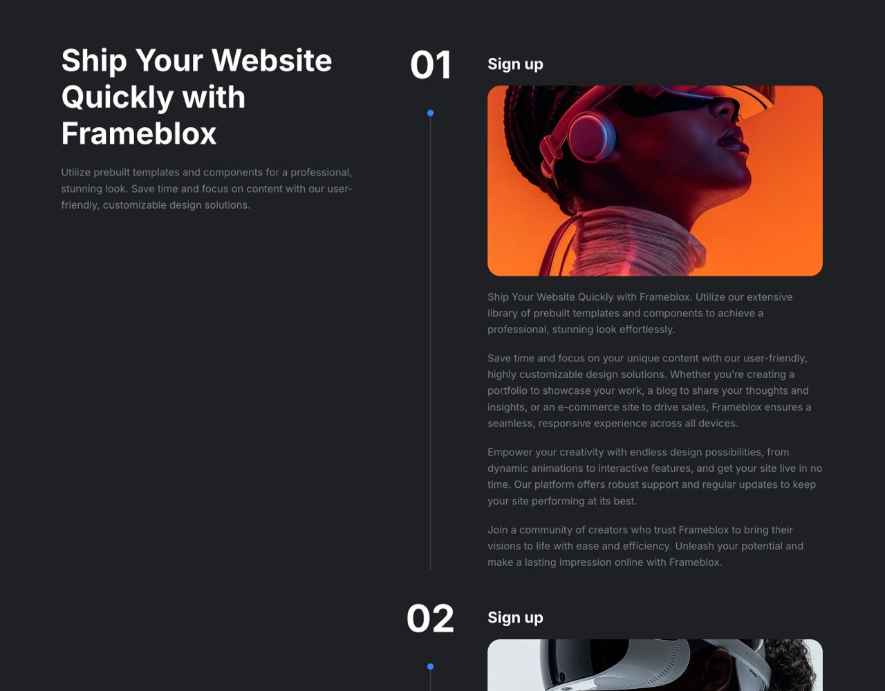Framer Dark Timeline Section - Frameblox UI