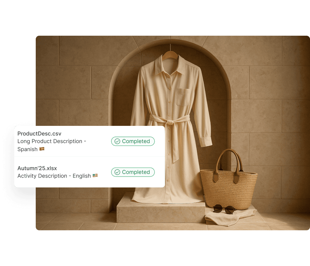 A beige trench coat is elegantly displayed in an arched alcove against a tiled wall, accompanied by a woven straw tote bag with leather handles on the floor.