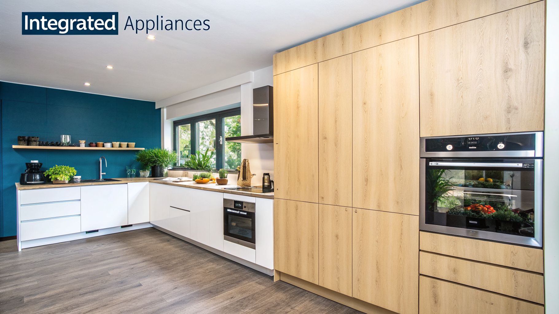 Modern kitchen with white and wood cabinets, a blue accent wall, integrated appliances, and green plants.