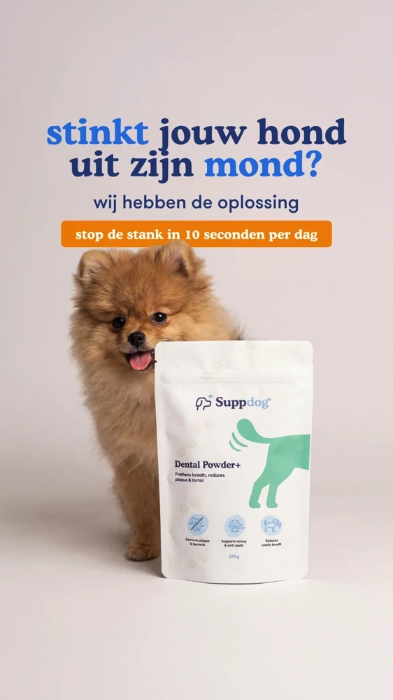 Puppyhond naast Supdog Dental Powder+ verpakking met tekst over hondenademgeur oplossing