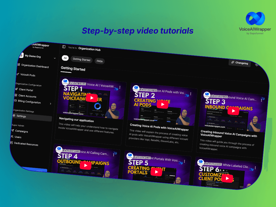 Voice AI agency white-label step-by-step video tutorial screenshots for beginner setup, expert automation, and Pro plan SaaS client onboarding | VoiceAIWrapper.