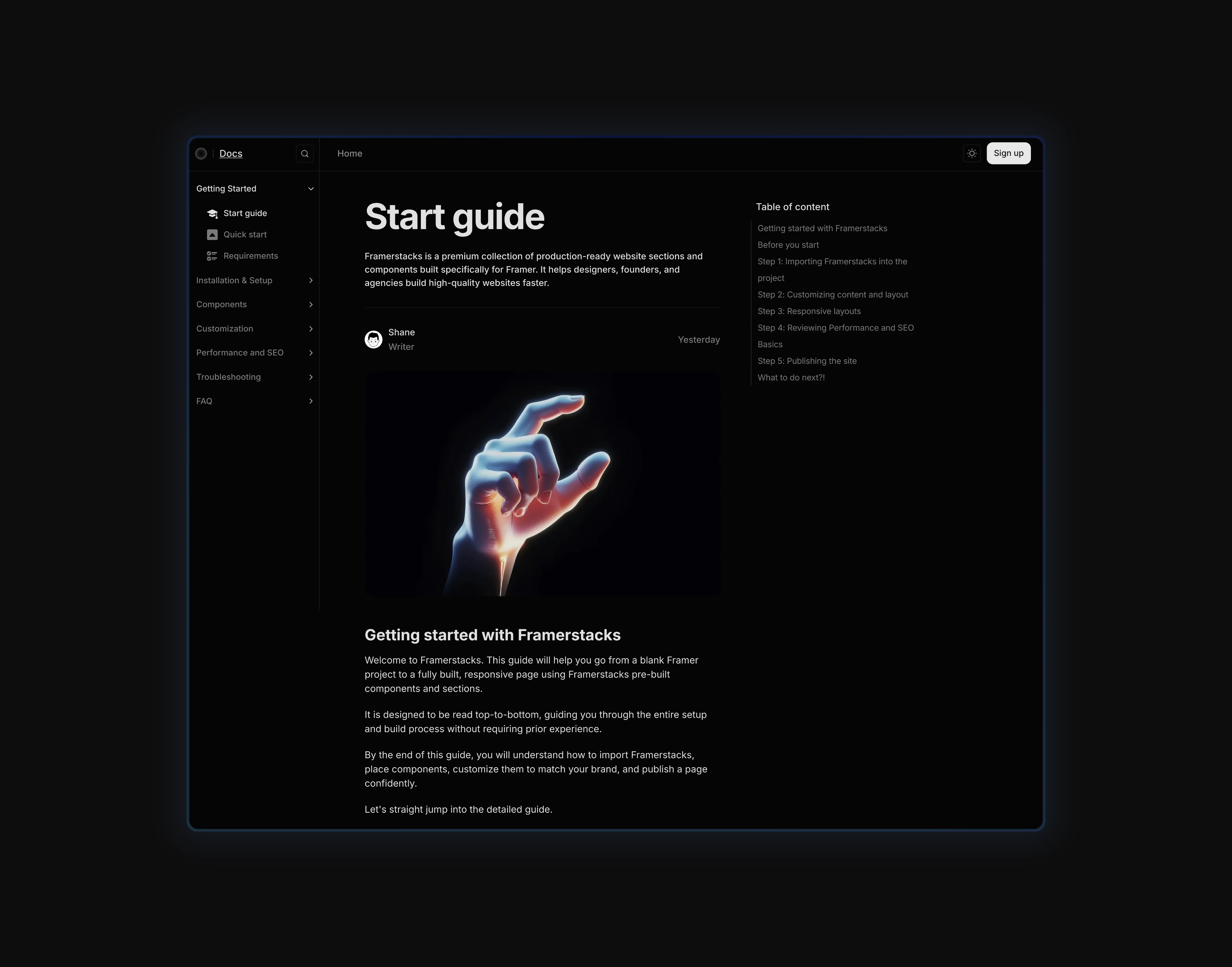 A dark themed cms documentation details page UI, optimized for desktop devices