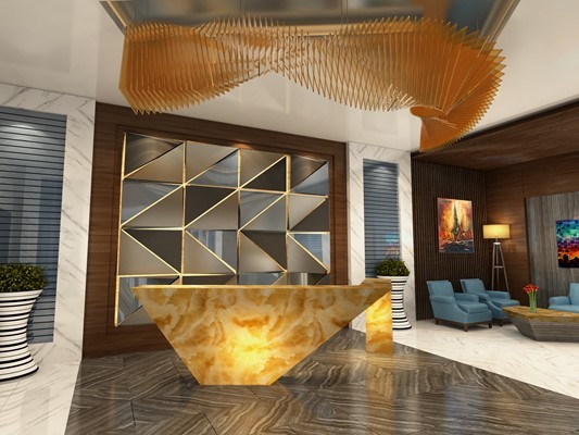 Elegant reception area with designer lighting in Court Tower, represented by top real estate professionals.