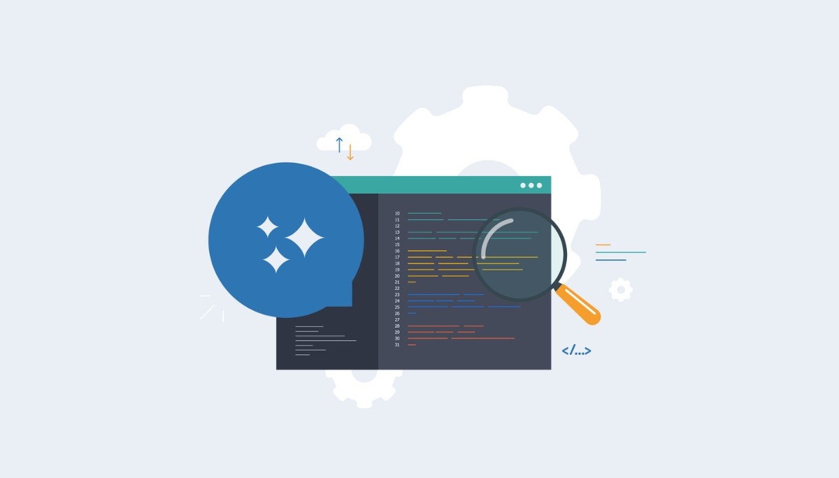 llustration of a computer screen displaying colorful lines of JavaScript code with a magnifying glass overlay—symbolizing code inspection, compression, and optimization using online JavaScript minifier tools.