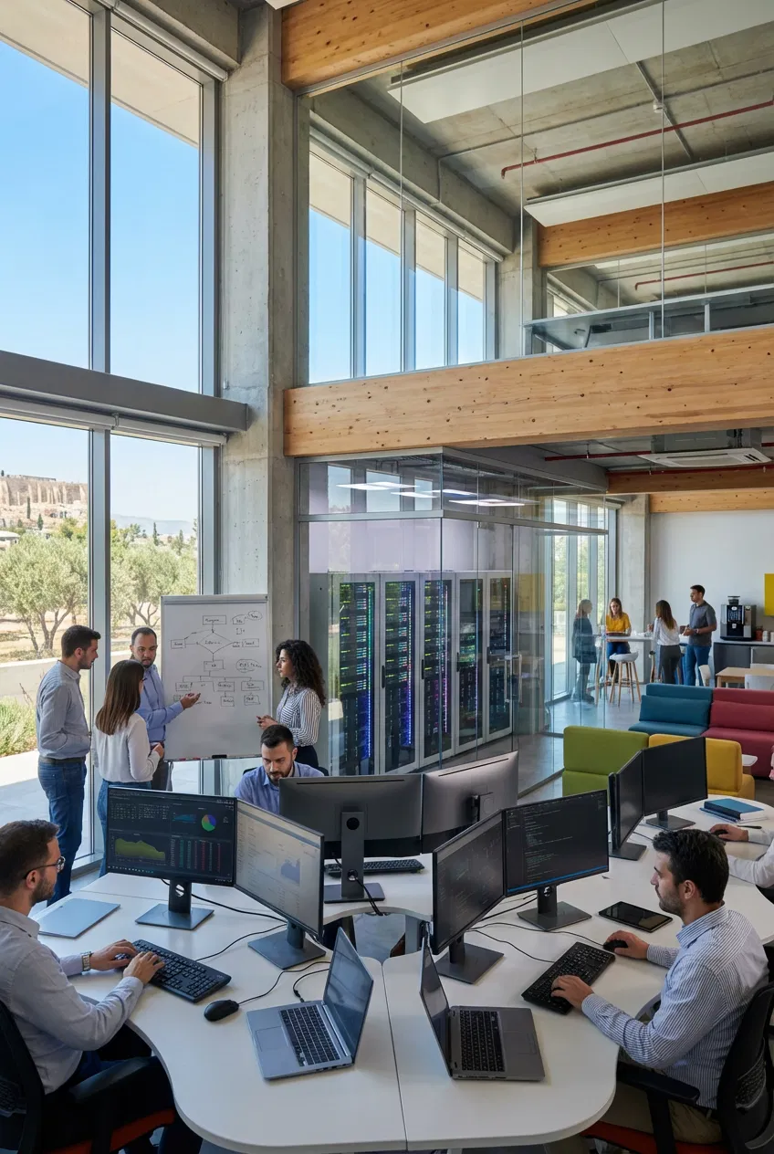 Modern Greek technology office with servers and collaborative work