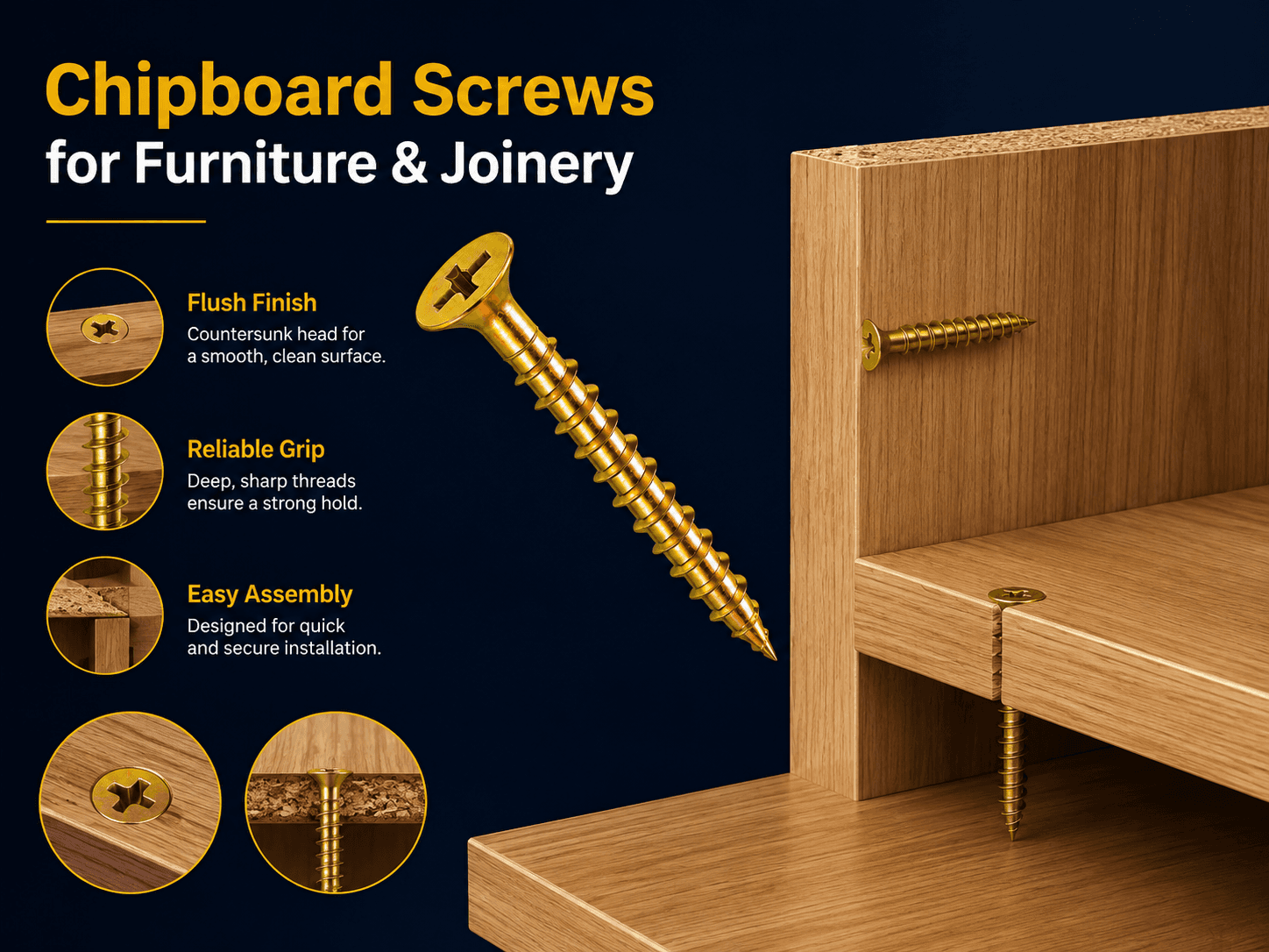 Chipboard screws used in furniture, cabinet and joinery applications