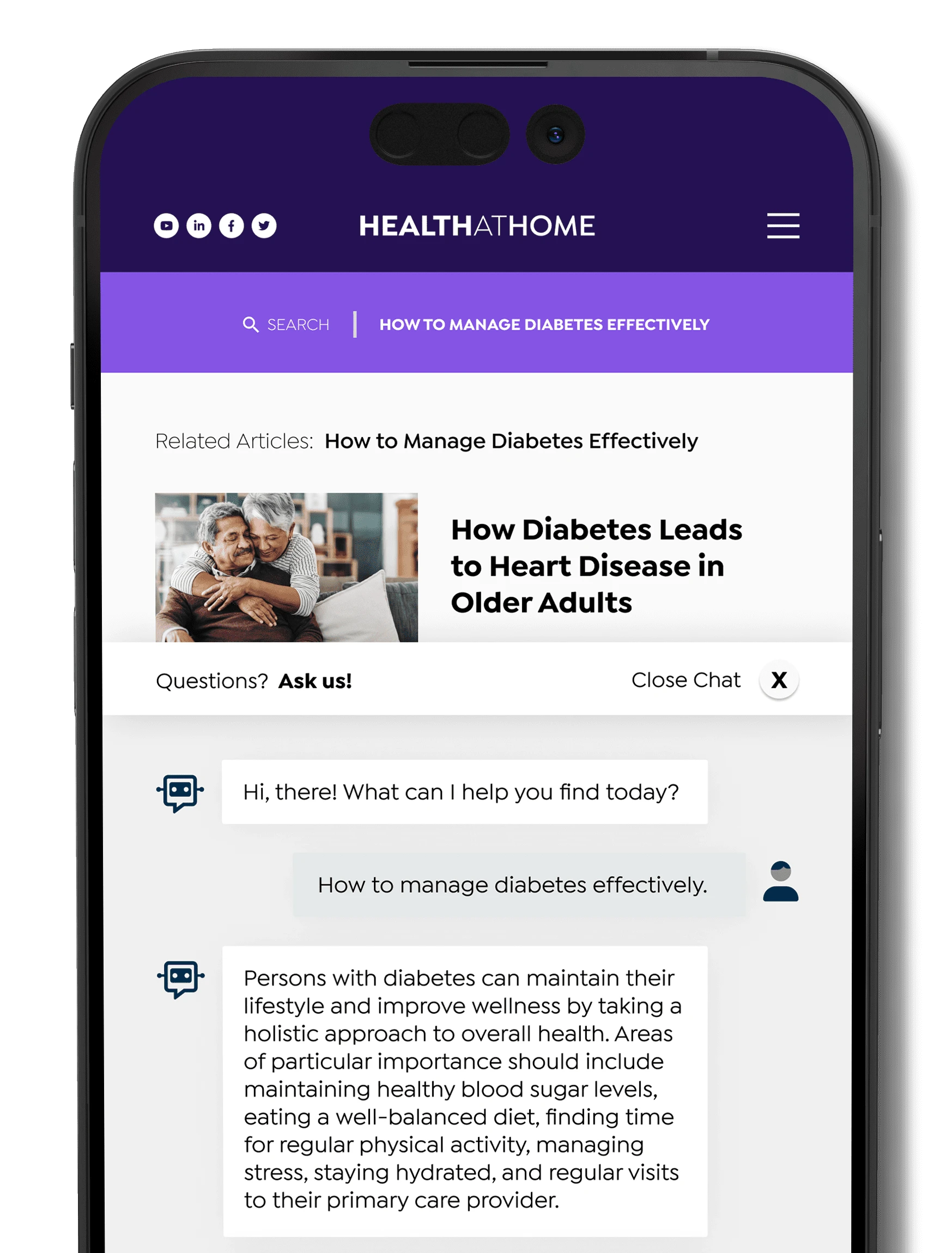 SearchAI ChatBot answering "How to manage diabetes effectively" on a health website on a phone