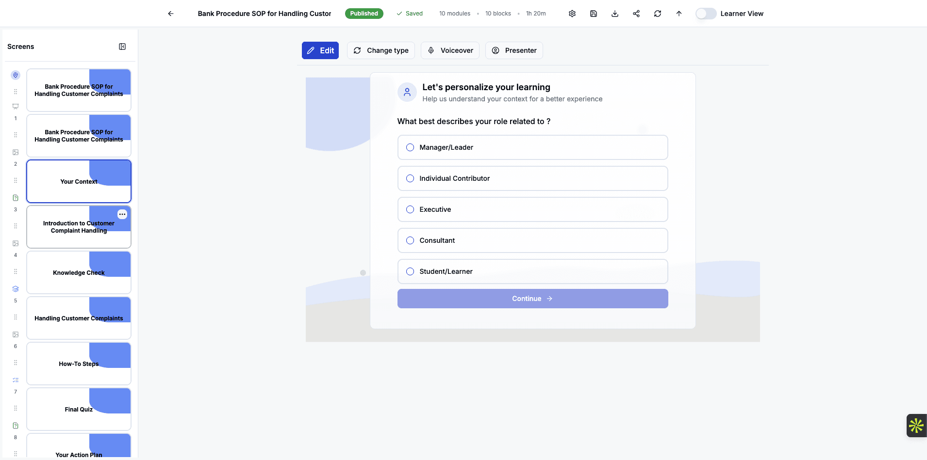 Here you can see the Introduction to Customer Complaint Handling module that opens the course content.