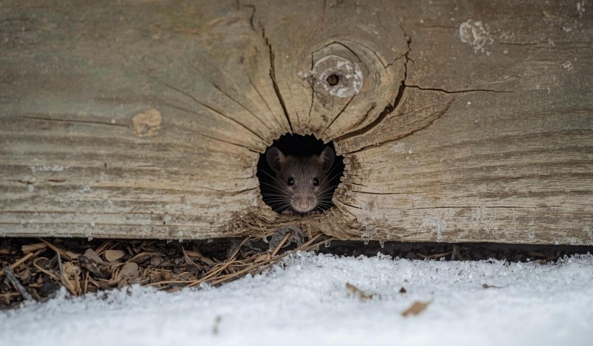 Mouse hole in siding panel on Illinois home exterior in winter