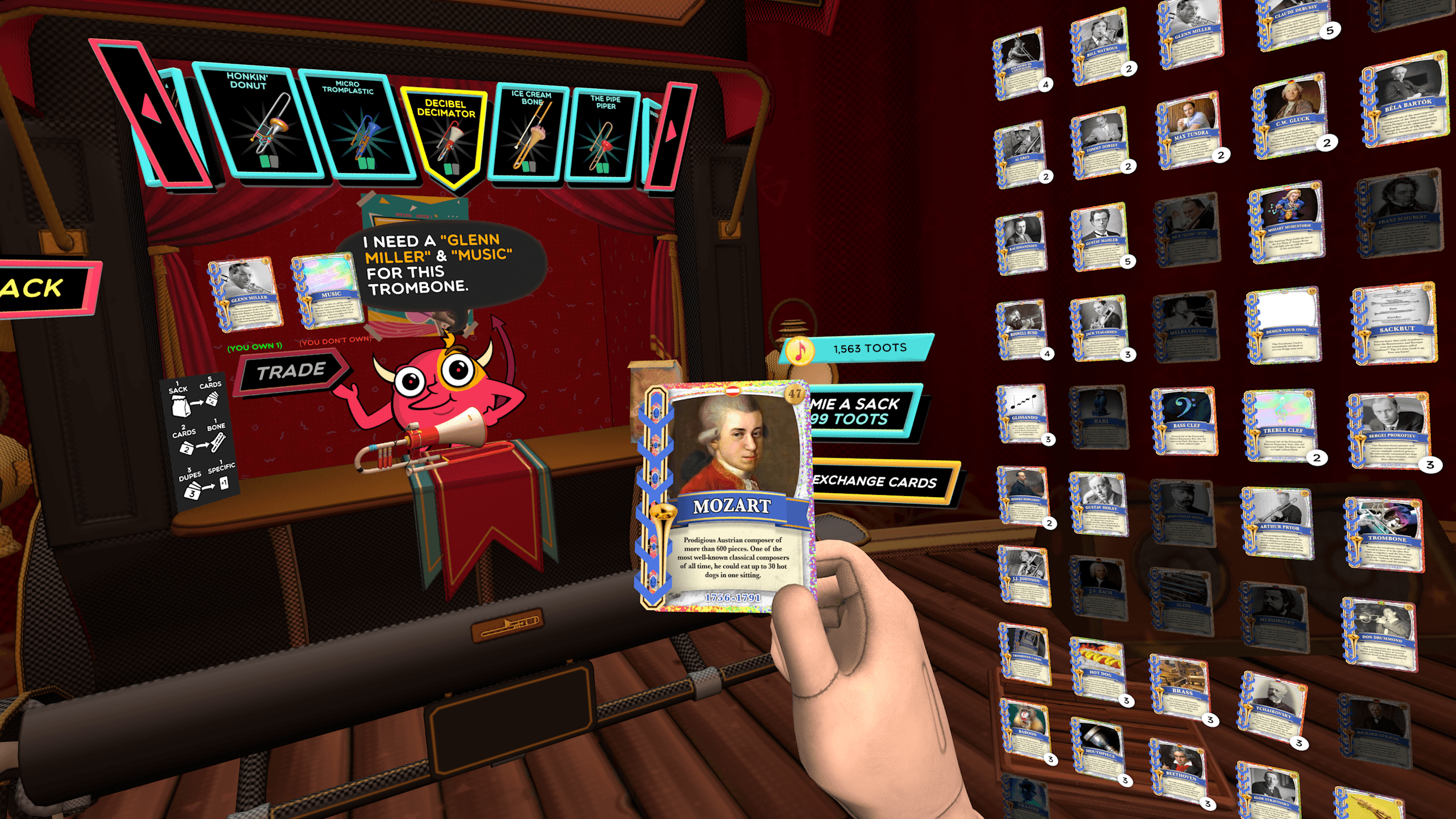 Players earn “toots” by performing songs, use them to buy bags of collectible cards, and trade those cards for trombones.