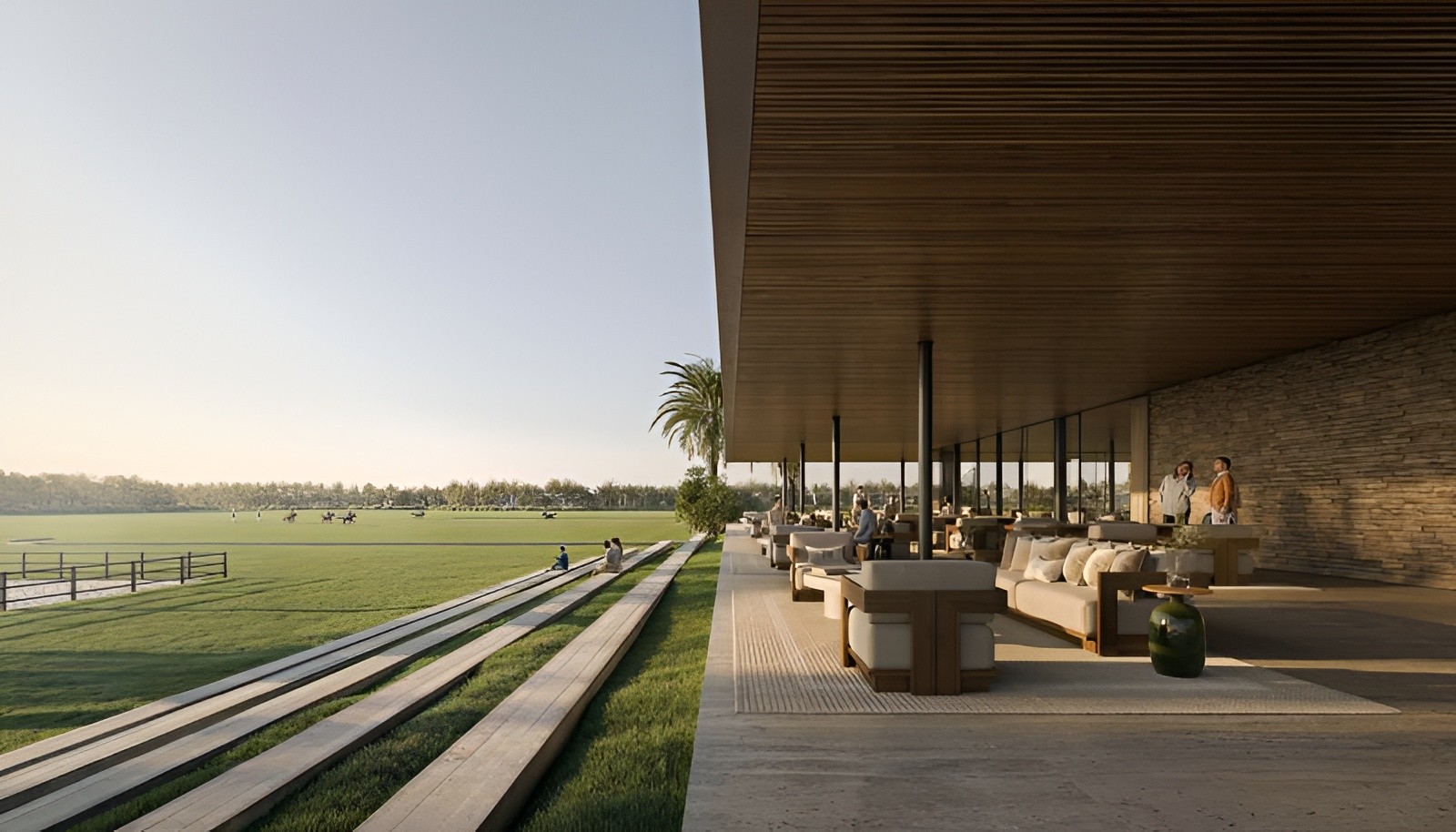 Scenic view of the golf course at Equestra at Grand Polo, featuring lush greens and well-maintained fairways.