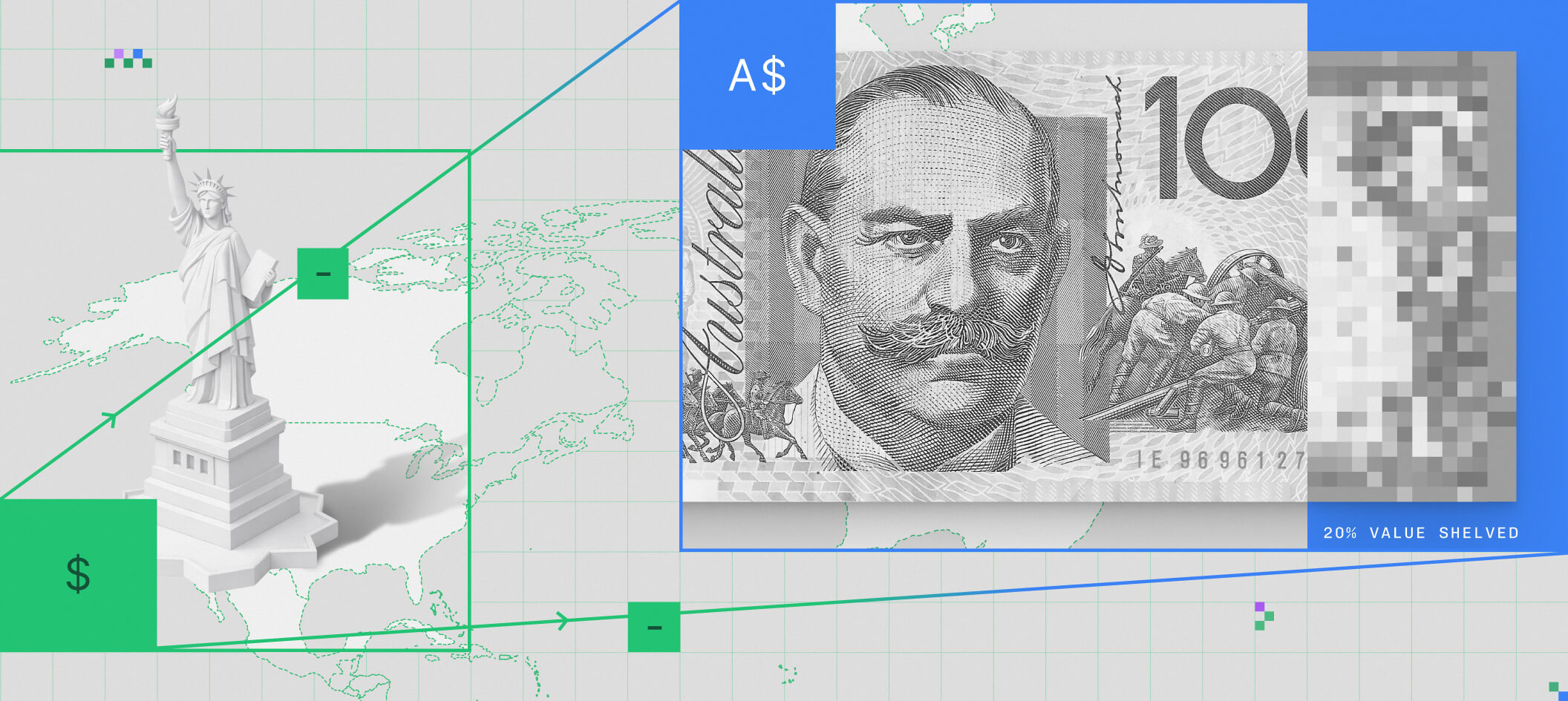 X trading illustration showing the Statue of Liberty (Lady Liberty) and an Australian 100-dollar bill over a global map. A pixelated section labeled '20% VALUE SHELVED' visually represents the high percentage of Last Look trade rejections in foreign exchange markets.