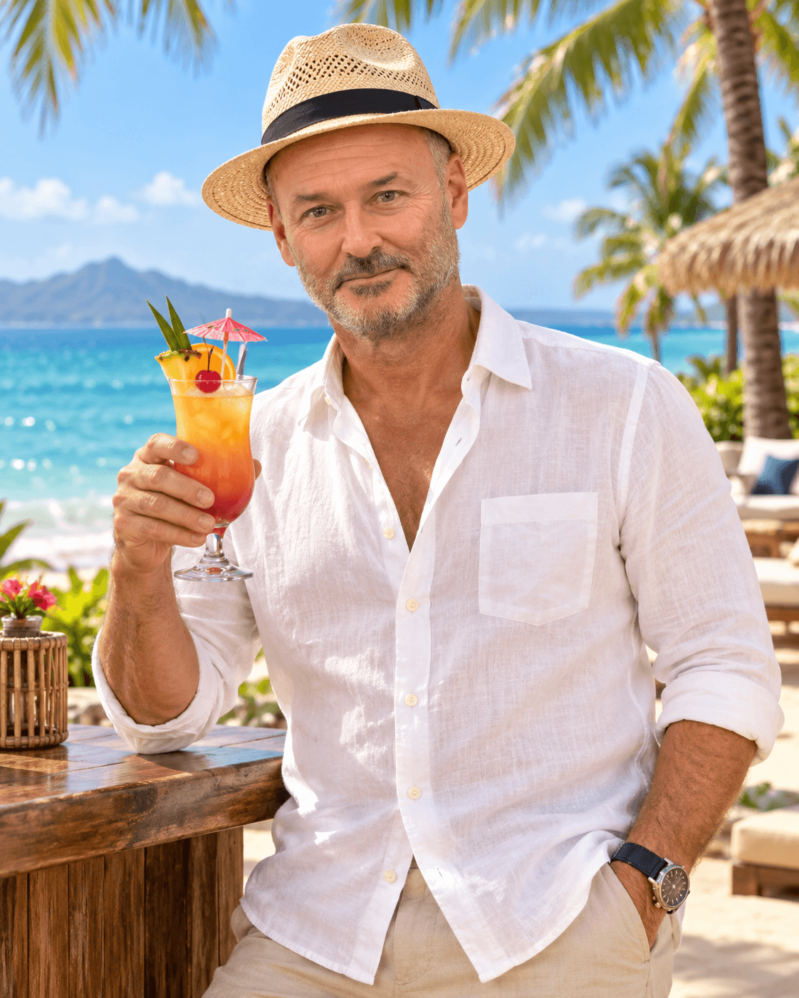 Tropical beach resort scene with palm trees, outdoor seating, and a relaxed coastal atmosphere.