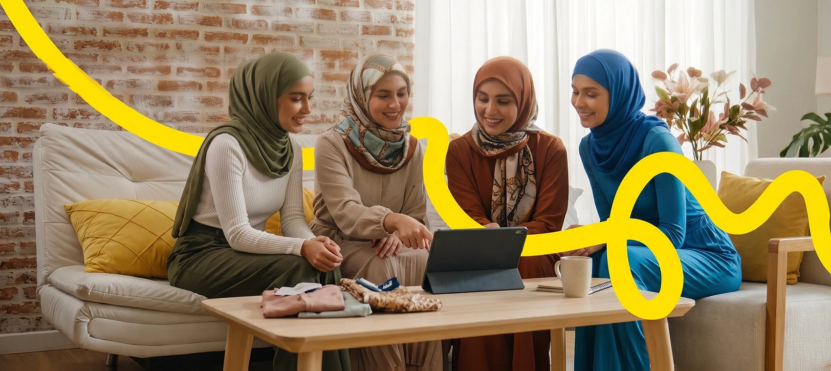 Four Muslim women in hijabs shopping online together viewing tablet for modest fashion e-commerce