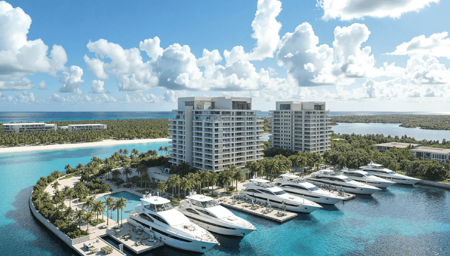 Vista aérea de desarrollo residencial de lujo frente al mar con torres de departamentos, marina con yates y palmeras en el Caribe mexicano.