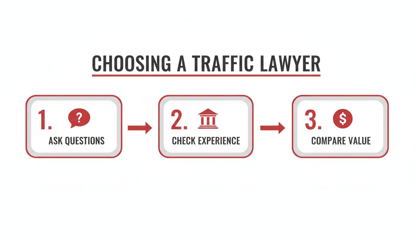 Infographic showing three steps to choose a traffic lawyer: ask questions, check experience, and compare value.