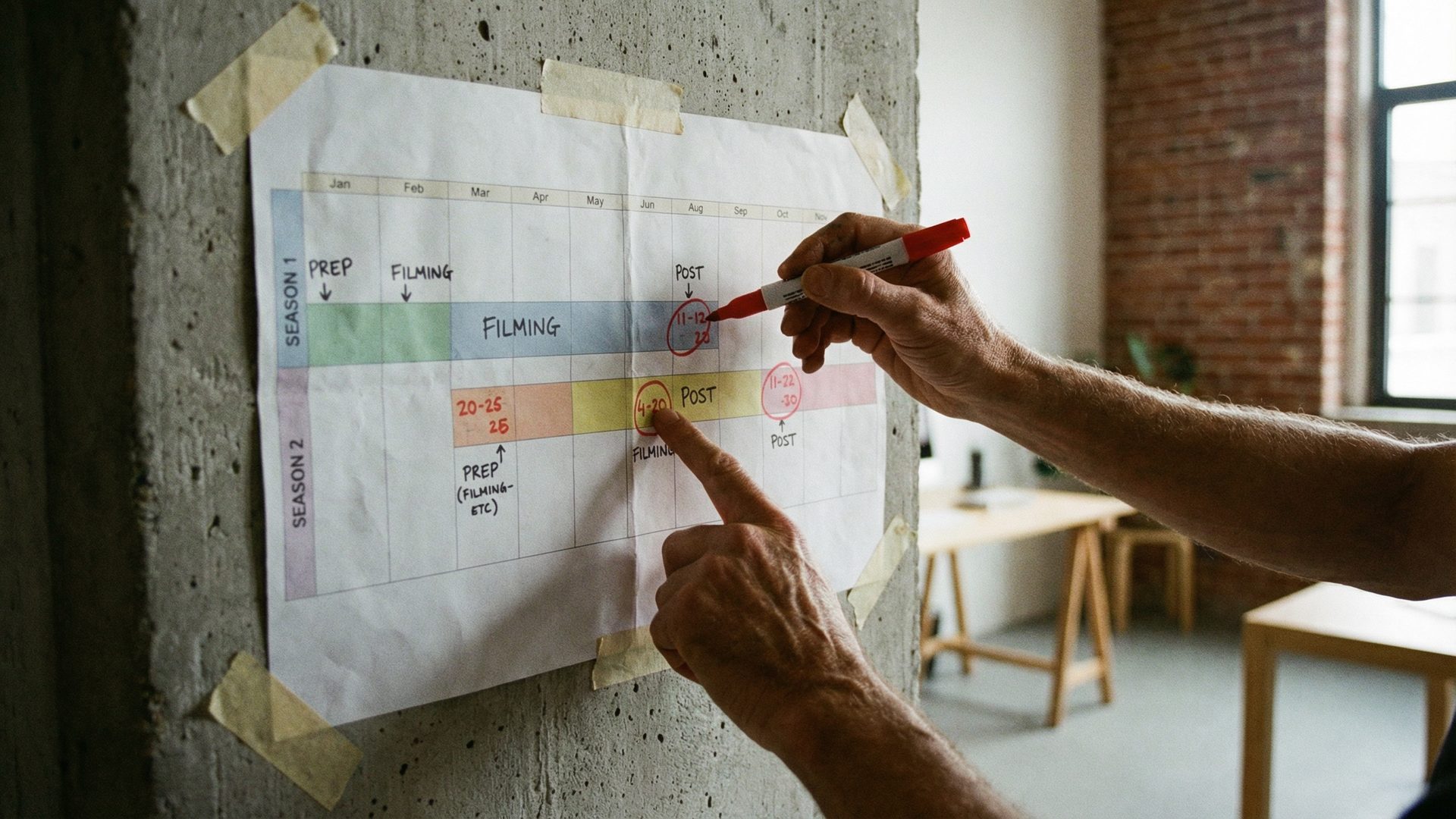 A designer and production manager reviewing two overlapping T&A calendars on a large monitor, identifying a critical path conflict between a FW sample approval and an SS QC inspection.