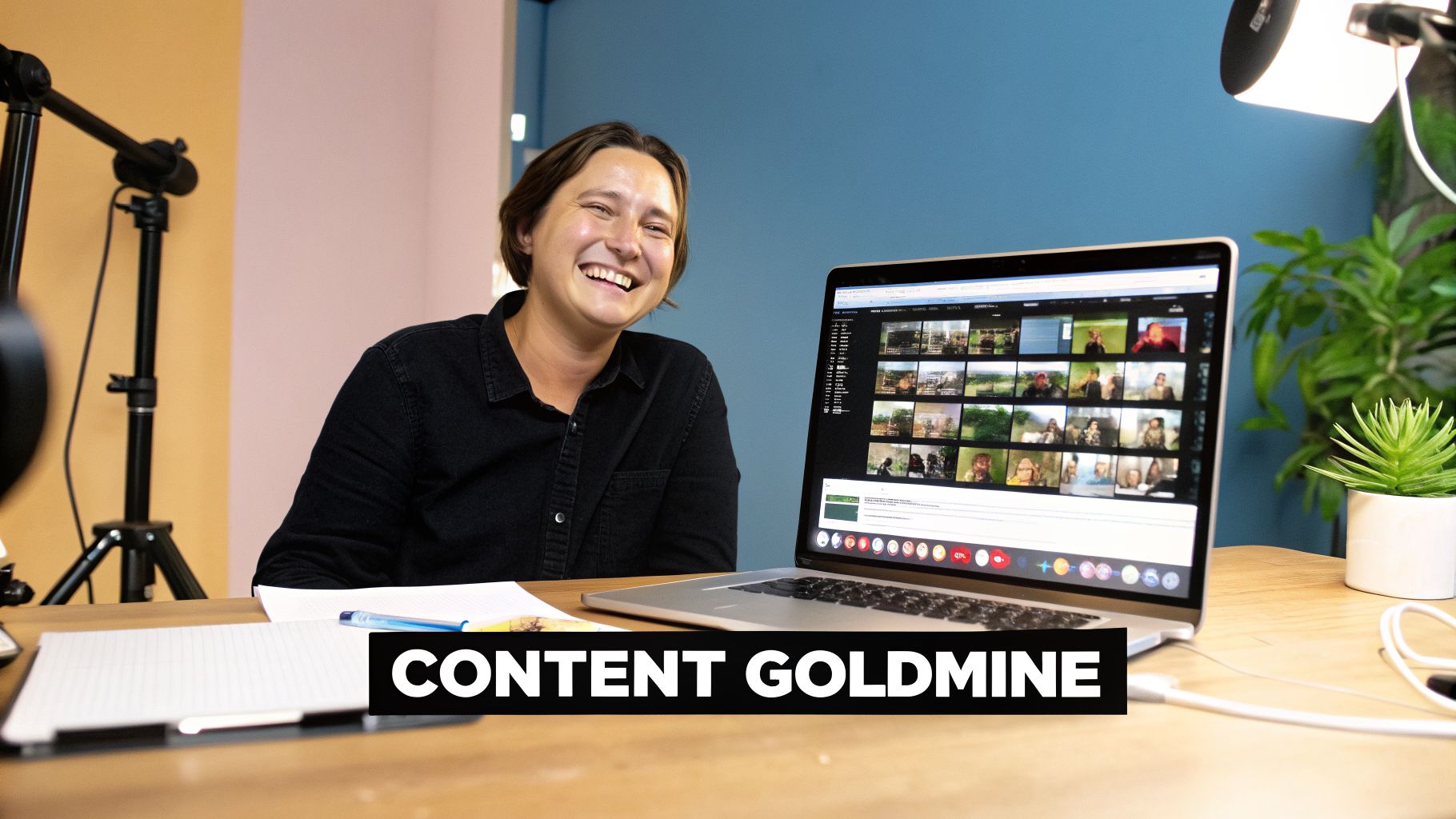 A person laughing while looking at a laptop screen filled with numerous video clips, with 'CONTENT GOLDMINE' text.