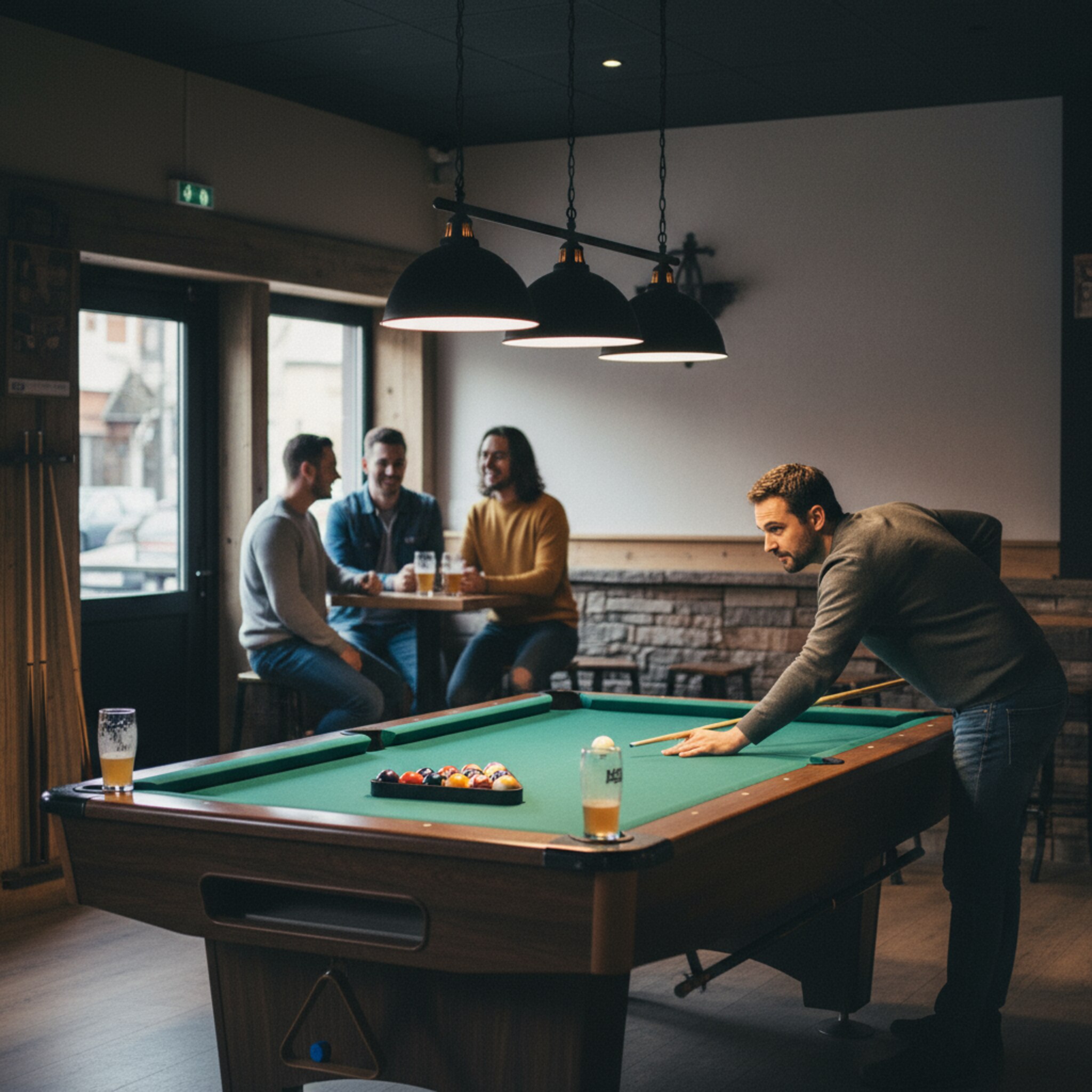 Warme Abendstimmung in einer Bar. Ein Billardtisch leuchtet unter tief hängenden Pendelleuchten, die Kugeln liegen geordnet im Dreieck. Zwei Gäste beugen sich konzentriert vor, der Stoß steht an, im Hintergrund lachen Freunde. Kalte Gläser beschlagen auf dem Rand, das Grün reflektiert sanft das Licht.