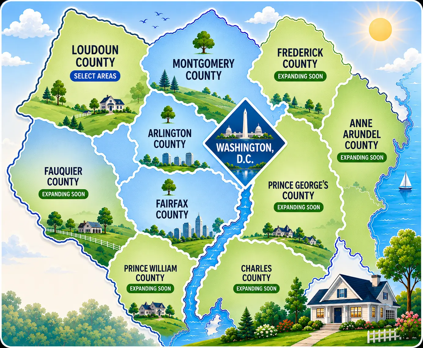 Illustrated map of the Goodbye Stuff service area across DC, Maryland and Virginia
