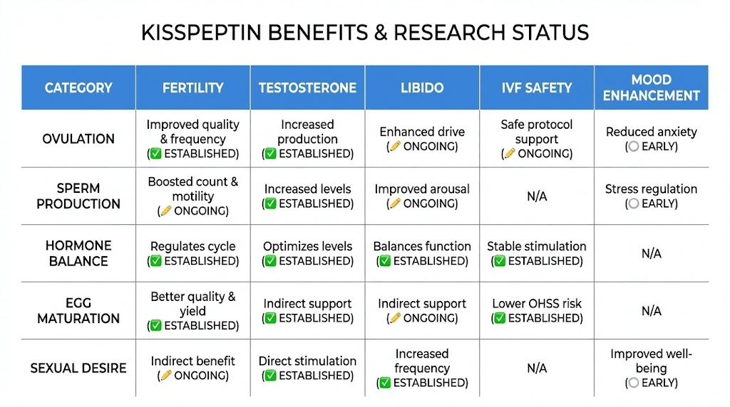 Kisspeptin peptide benefits comparison chart across research categories
