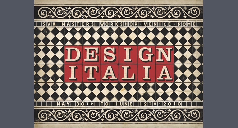 A poster whit a black and white checkered design with some red tiles with text: Design Italia.