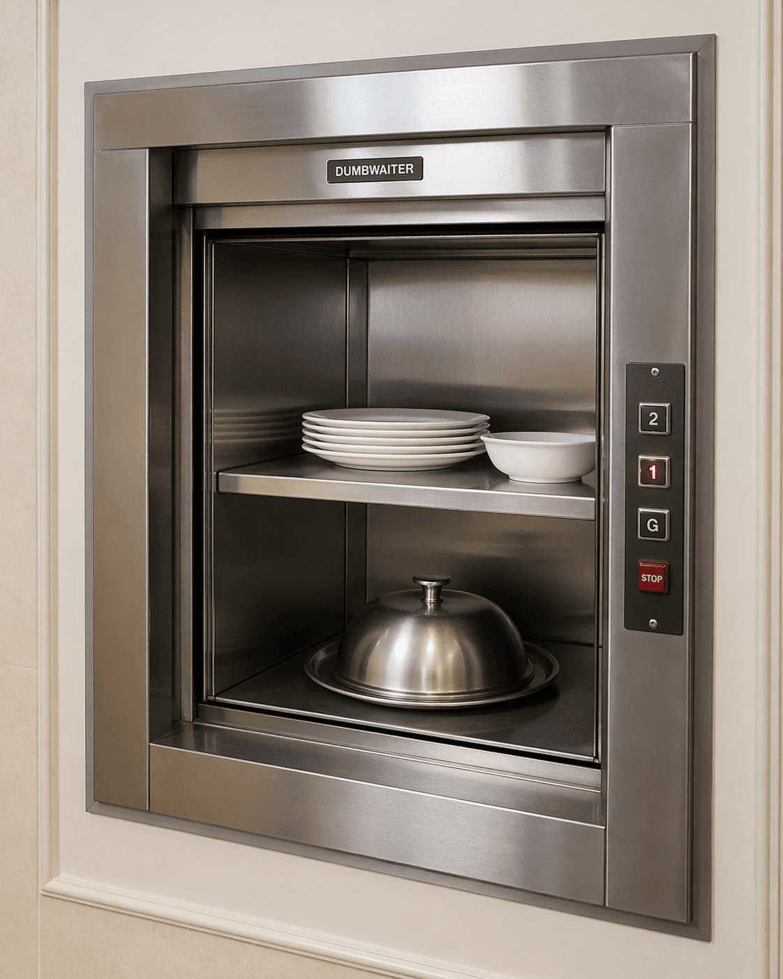 Stainless steel dumbwaiter lift built into a wall — two shelves loaded with white plates and a silver serving cloche, with floor call buttons on the right panel