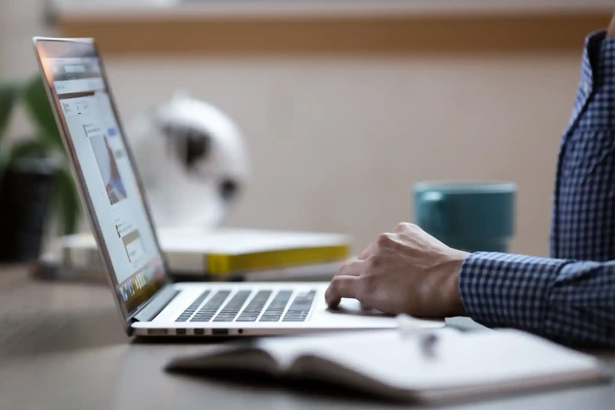 Professional working on a laptop at home, representing remote work, digital services, online business, and website productivity.