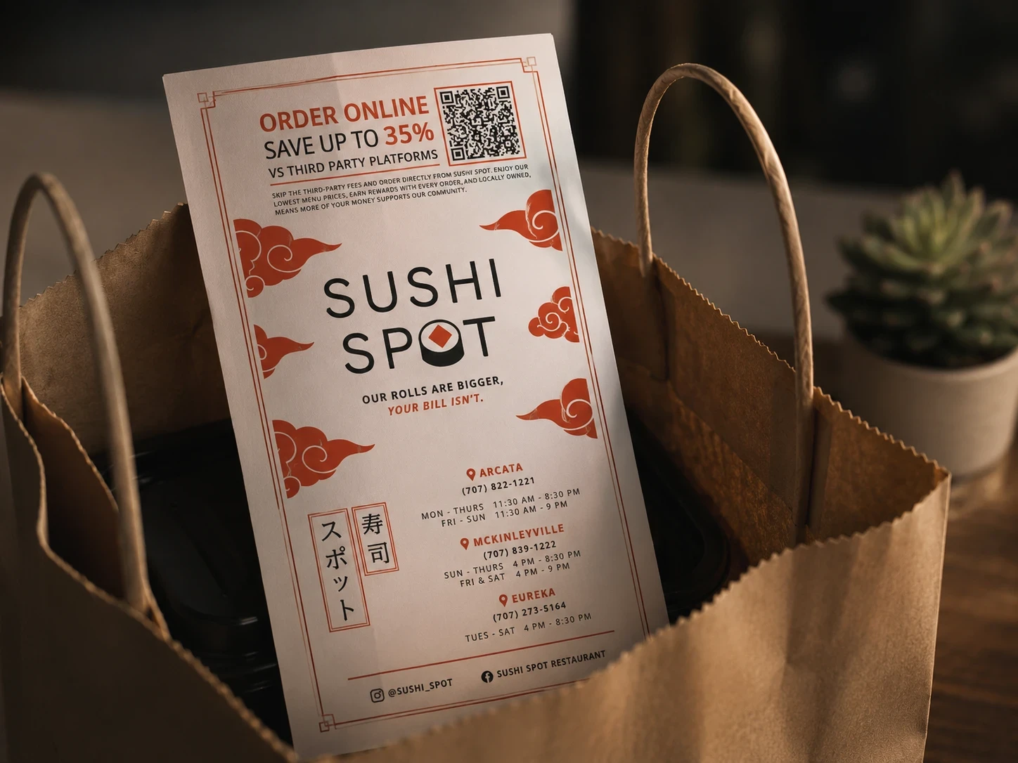 Sushi Spot direct ordering menu displayed in a takeout bag as part of a restaurant menu case study.