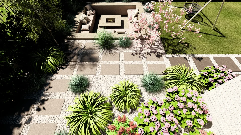 A harmoniously designed garden with a geometric tile pathway, lush vegetation, and flowering plants. A cozy recessed seating area with a wooden bench, and a lawn with a swing, are perfect for relaxation and play.