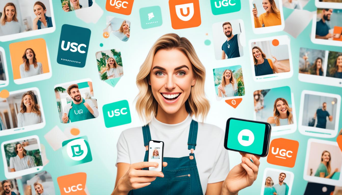 An influencer holding a smartphone while surrounded by different UGC examples. The smartphone screen shows a collage of UGC images and videos with the brand's logo featured prominently. The influencer is smiling and pointing to the UGC examples, conveying a sense of excitement and approval. The background is blurred to draw focus on the influencer and the UGC content on the phone.