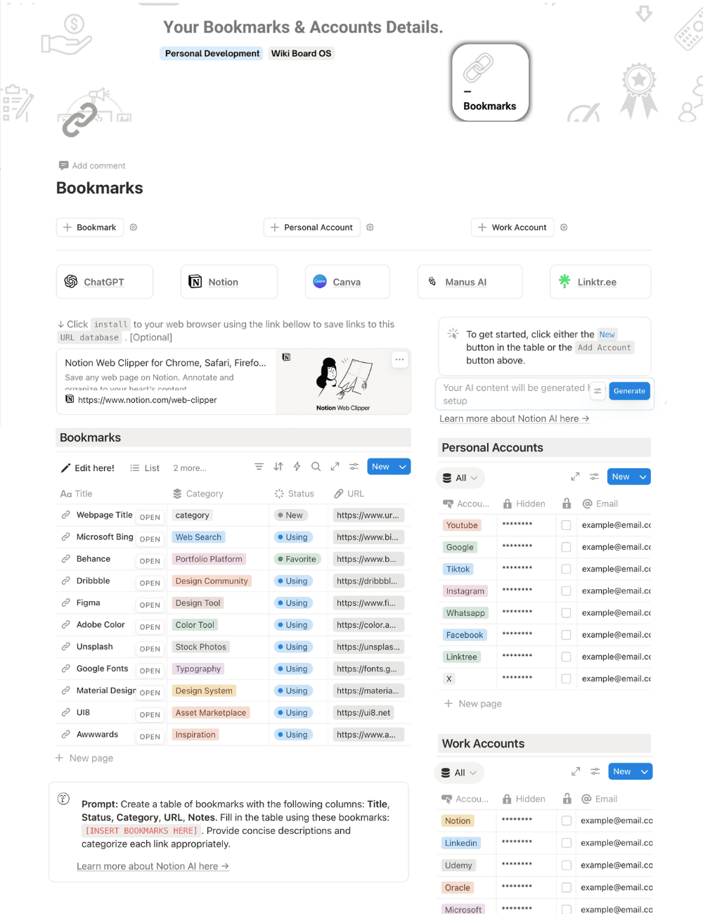 Bookmarks Notion Template - Save Links and Manage Account Details in One Place (full template preview)