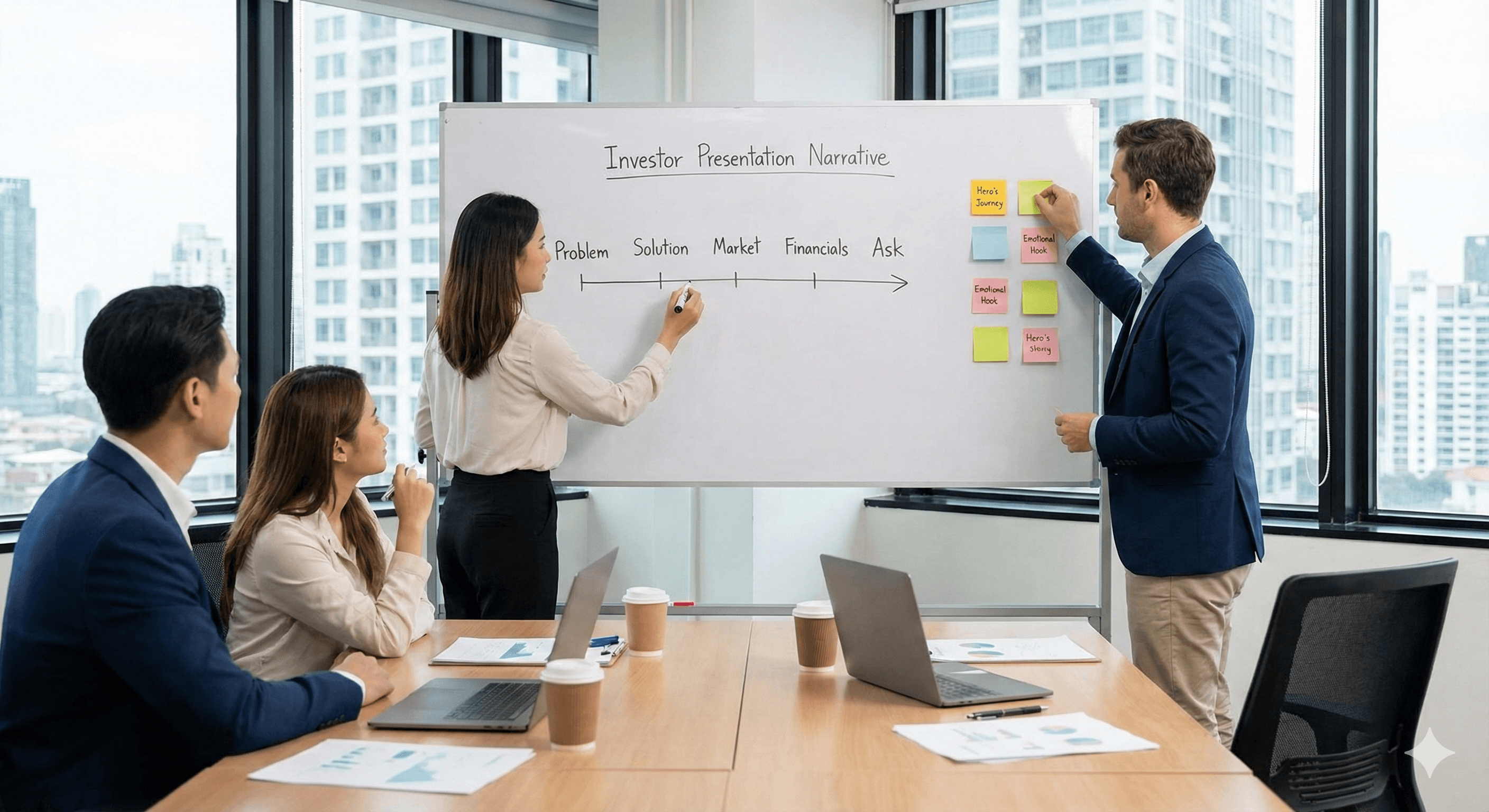 Strategizing the flow and narrative structure of an investor presentation.