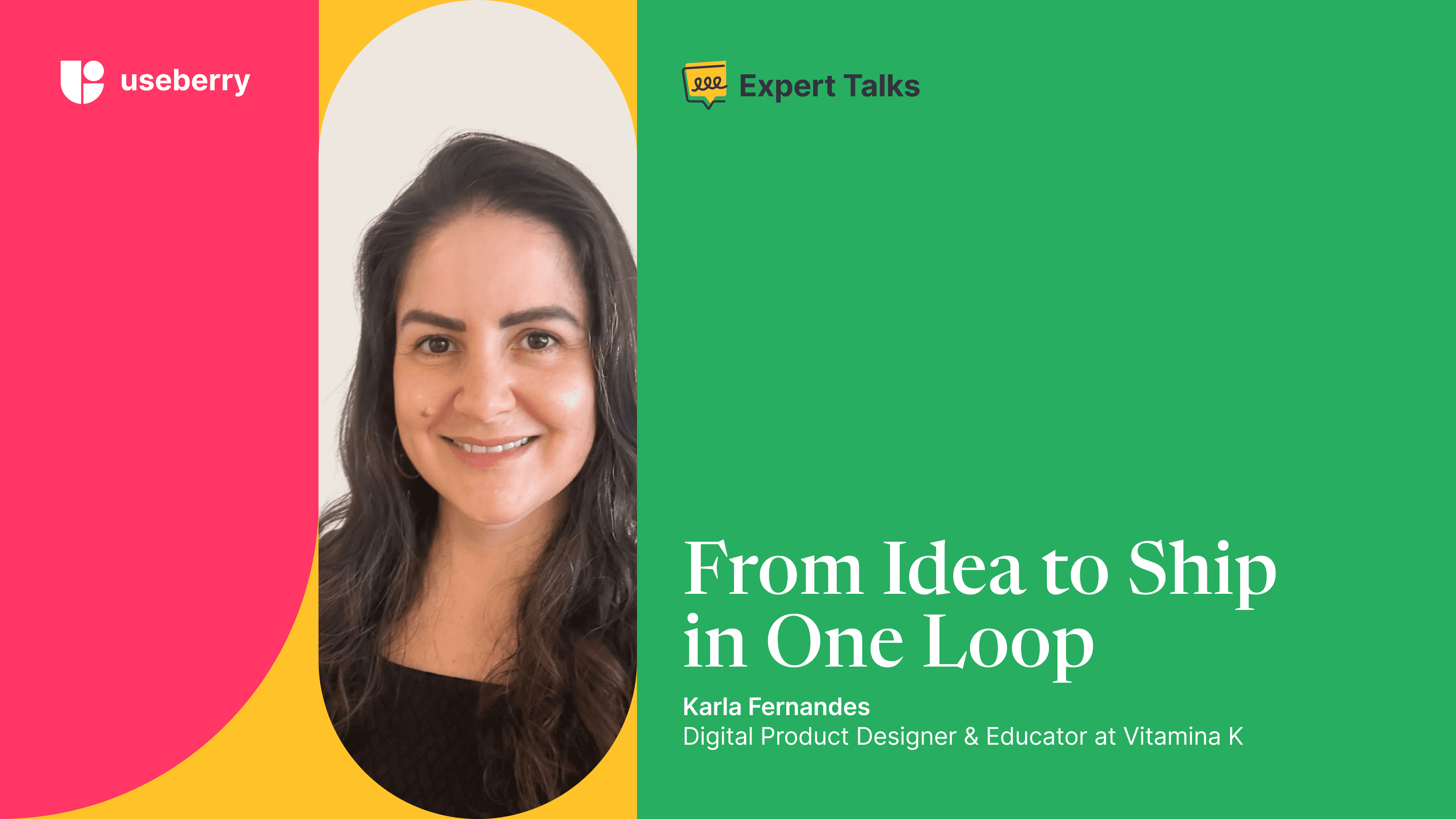 Cover image with our guest interviewee, Karla Fernandes with the topic of her interview about UX design highlighted