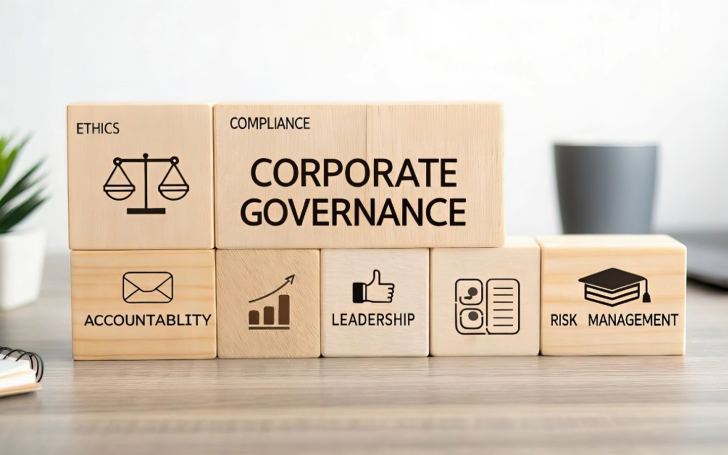 Corporate Governance Konzept: Ethik, Compliance, Verantwortlichkeit, Führung, Risikomanagement.