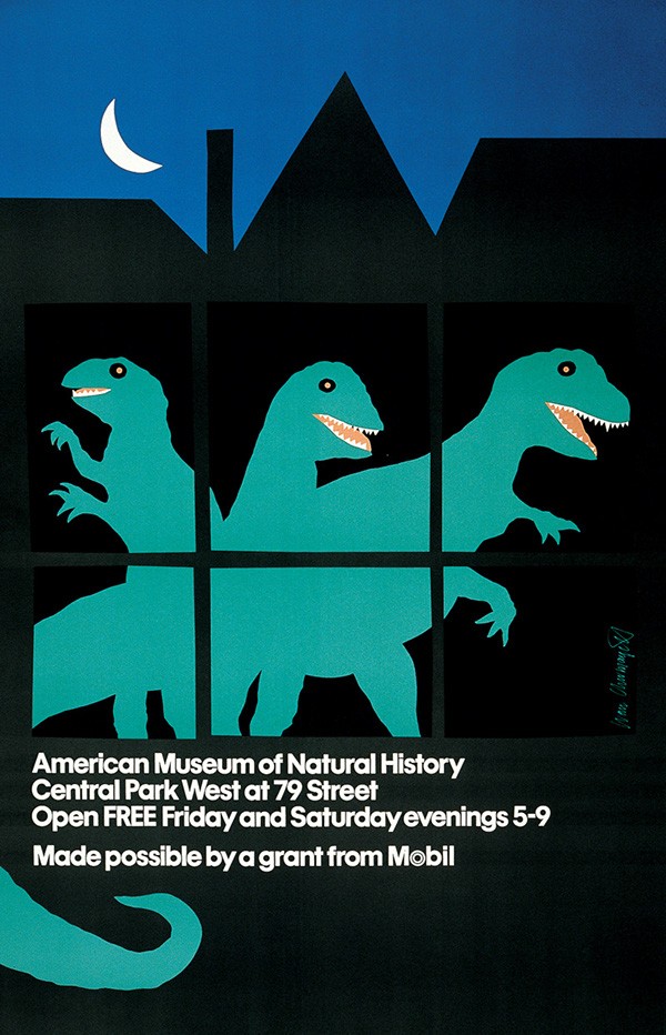Illustrated poster featuring a dinosaur behind window shapes