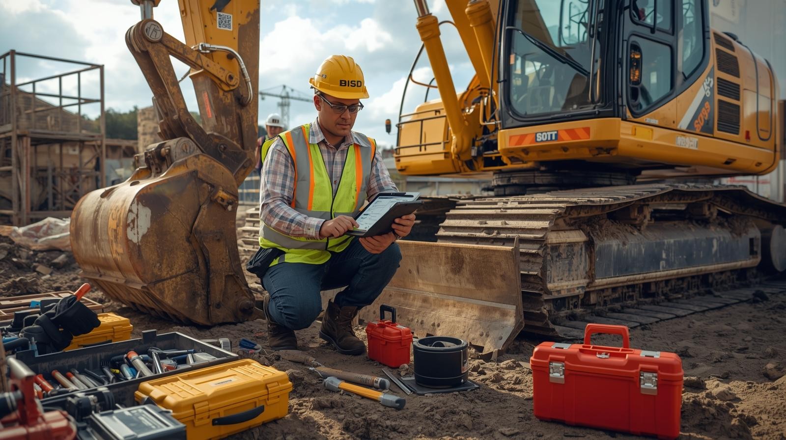 Construction technician performing preventive maintenance inspection on heavy equipment.