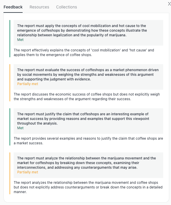 Screenshot of thesify feedback on a report about the economic success of coffee shops, showing that the section discusses the argument but does not explicitly weigh its strengths, weaknesses, or counterarguments.