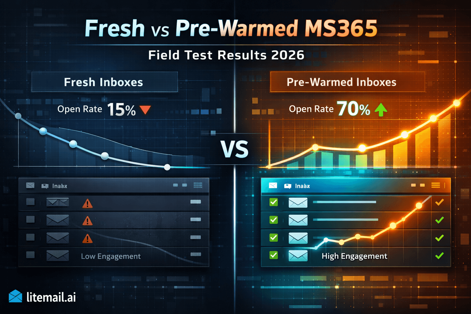 how pre-warmed inboxes improve cold email deliverability in 2026, featuring a laptop warming up email reputation, rising graph, envelopes with checkmarks, and a rocket symbolizing improved performance.