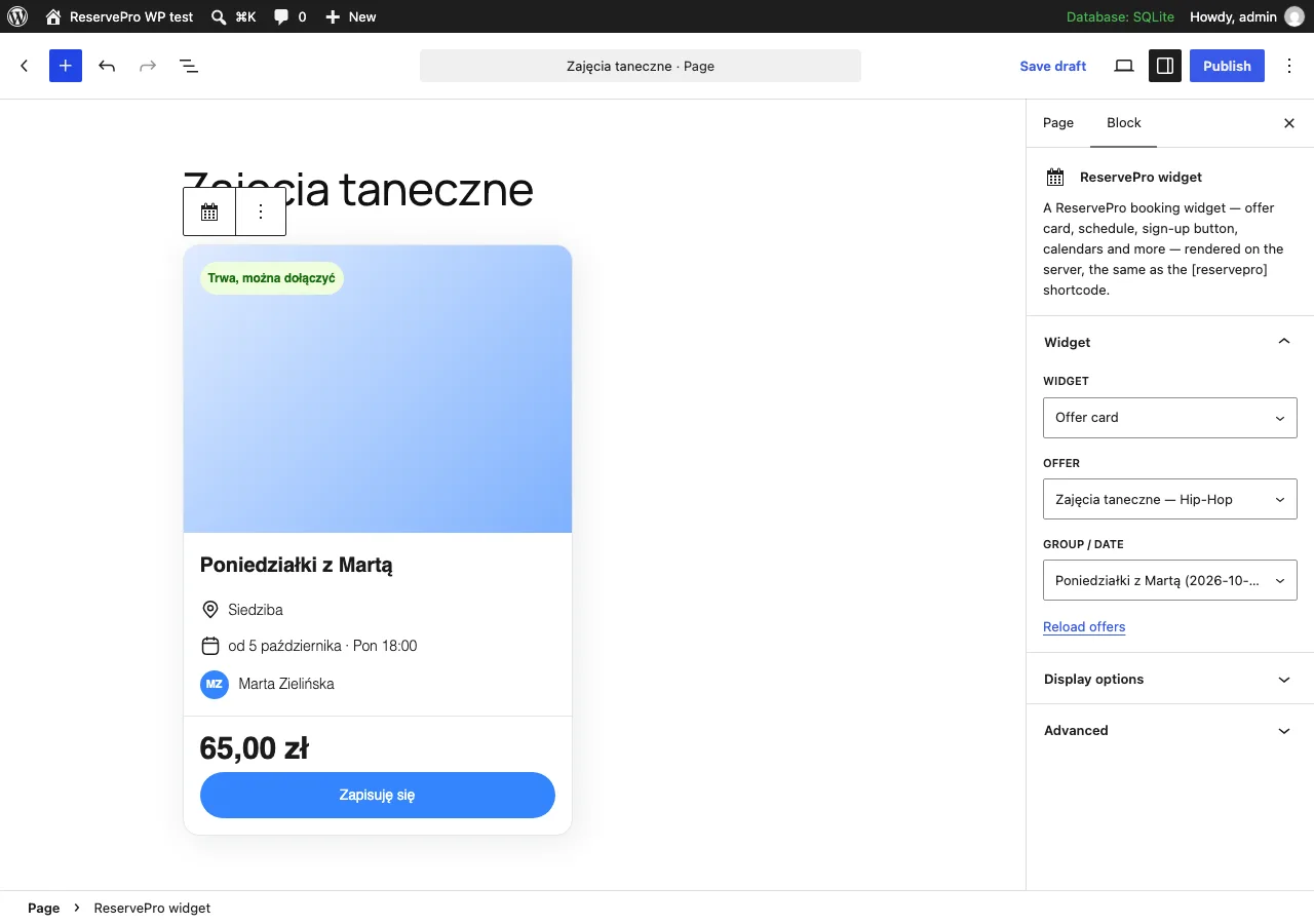 Blok „ReservePro widget” w edytorze WordPressa: wybór widgetu, oferty i grupy z list oraz podgląd karty oferty