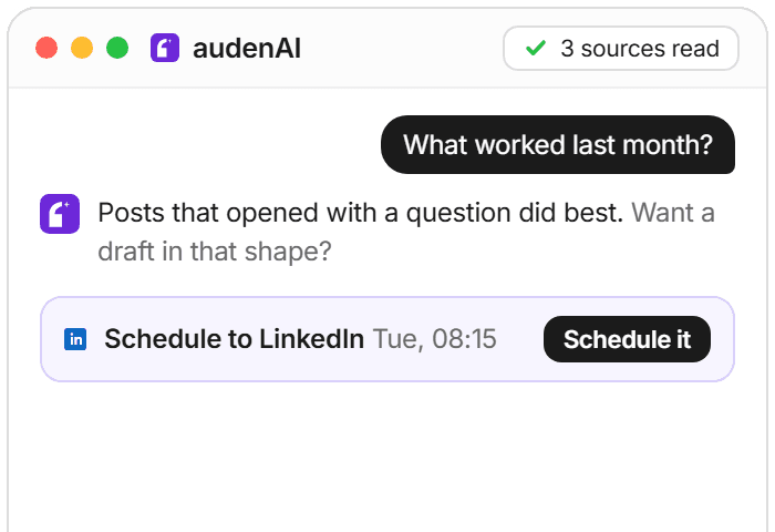 audenAI on a phone answering from your own numbers and asking before it schedules a post