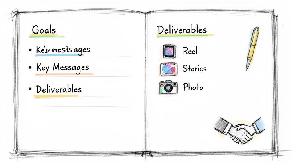 Hand-drawn notebook outlines marketing goals and digital content deliverables like reels, stories, and photos.