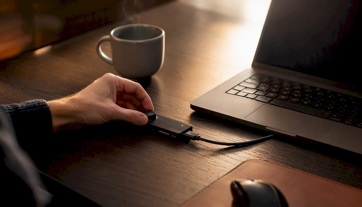 Hand adjusting testing device on dark wood desk
